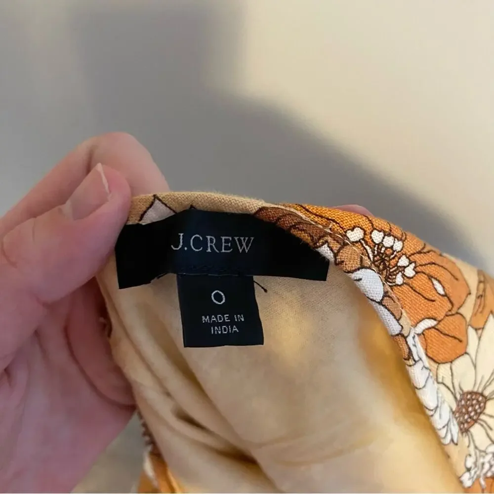 J. Crew Linen Cotton Floral Orange Brown Mini Dress 0
